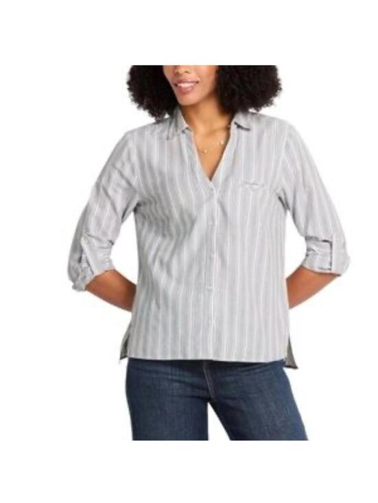 Kut from the Kloth Tops - Kut from the Kloth Gray White Stripe Roll Tab Sleeve Popover Shirt Women's Small